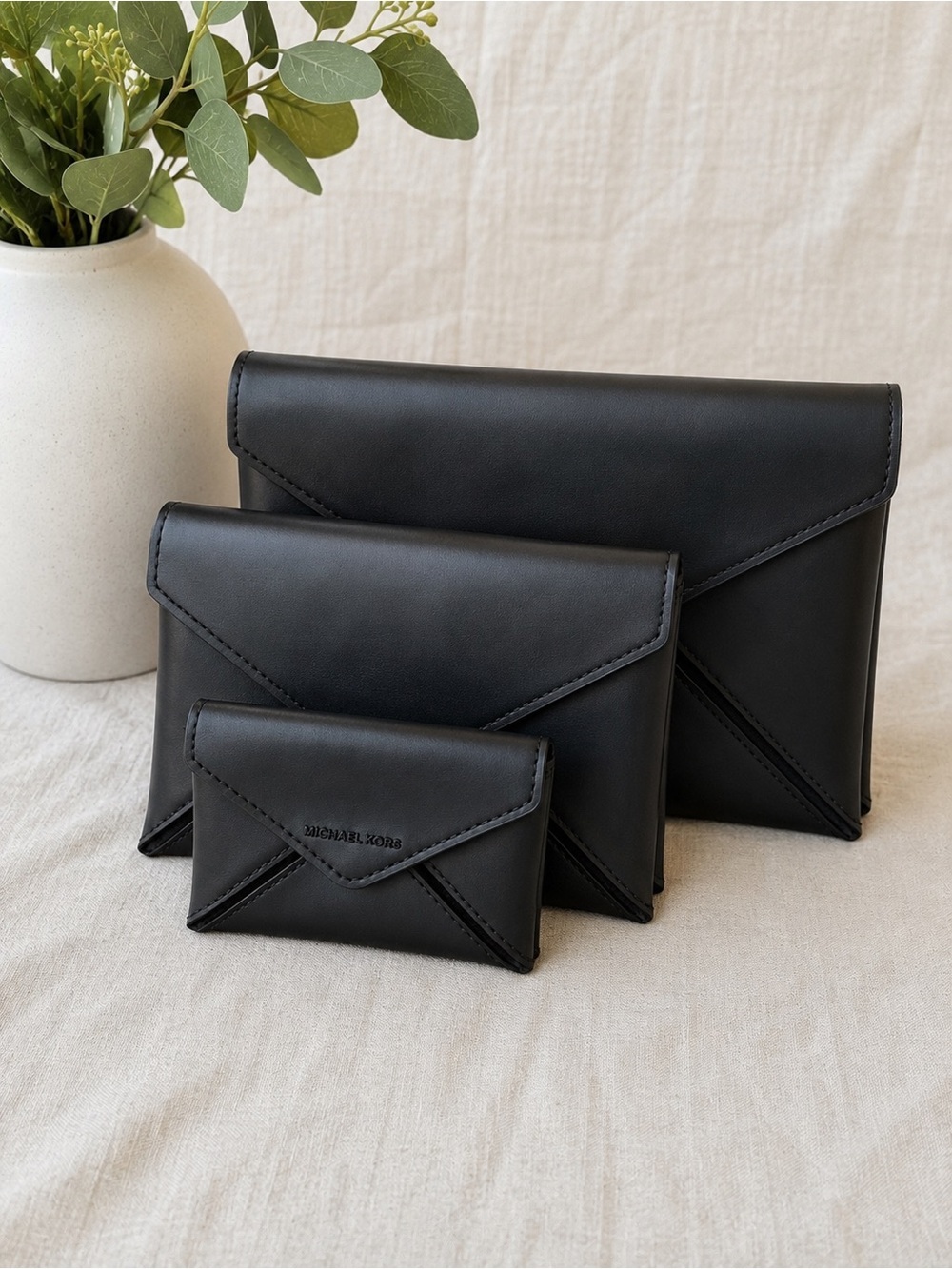 NWT Michael Kors Jordi 3-in-1 Black Leather Envelope Wallet Set